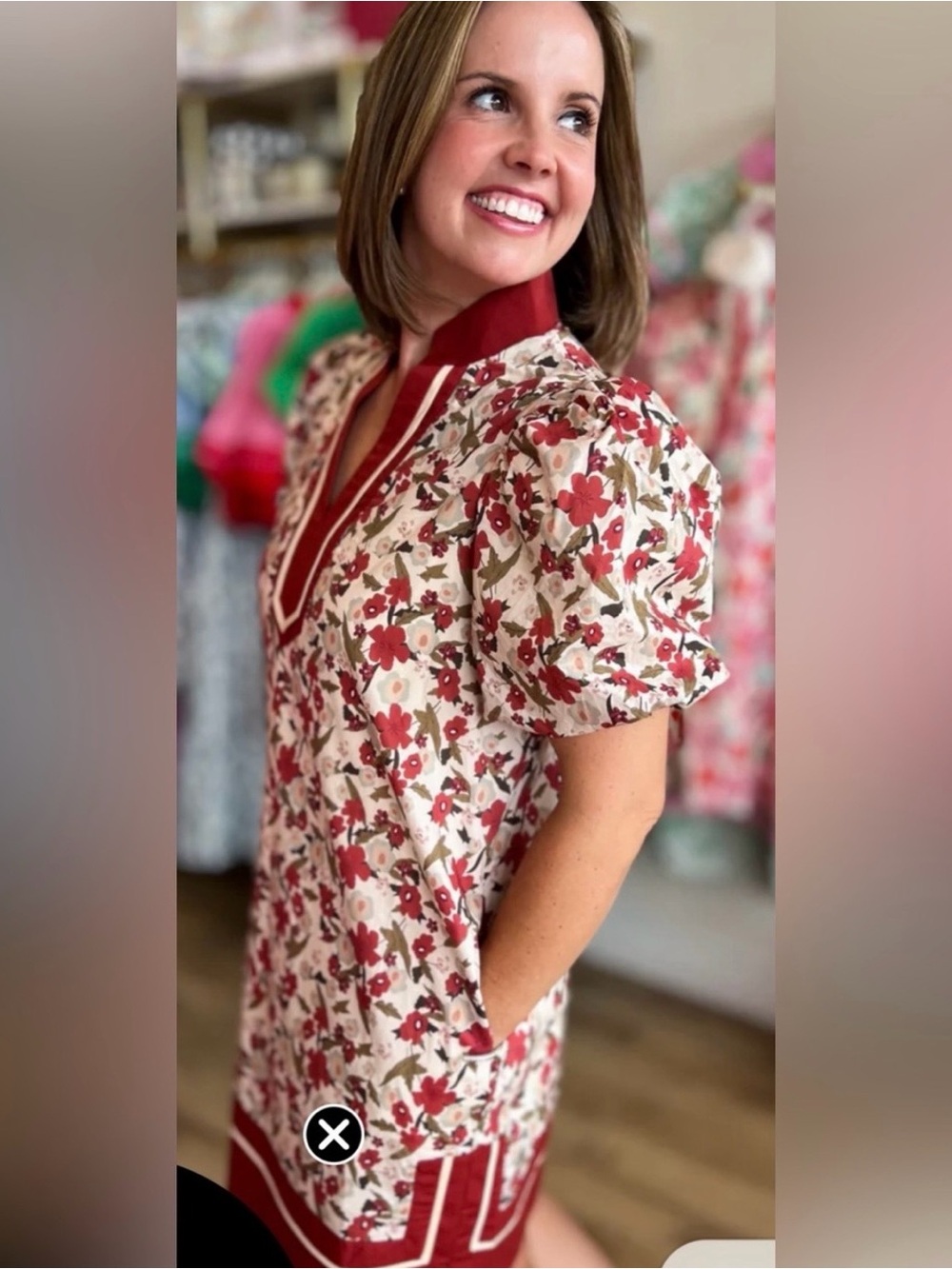entro Red / burgundy Floral Puff-Sleeve V-Neck Tunic